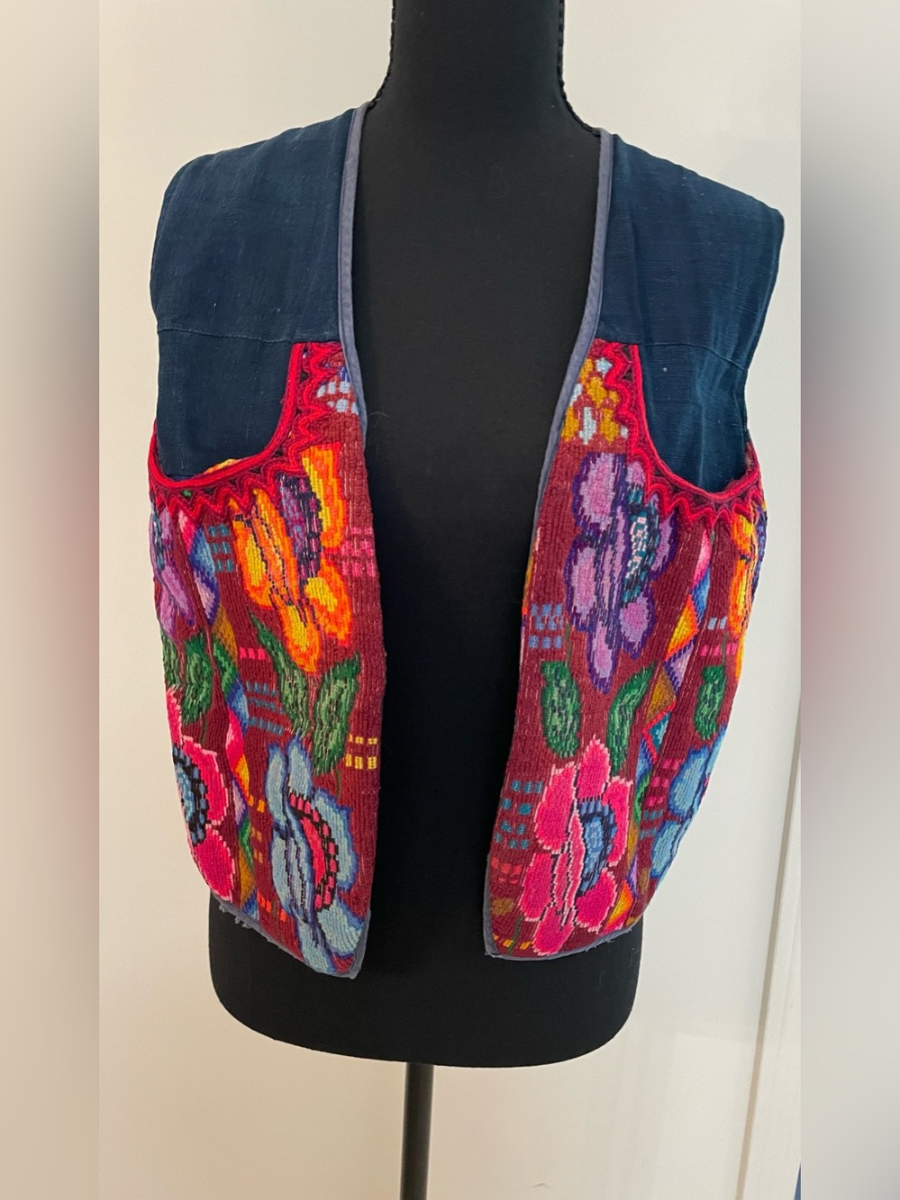 Vintage Multicolor Floral Embroidered Vest Denim Handmade Bohemian Festival